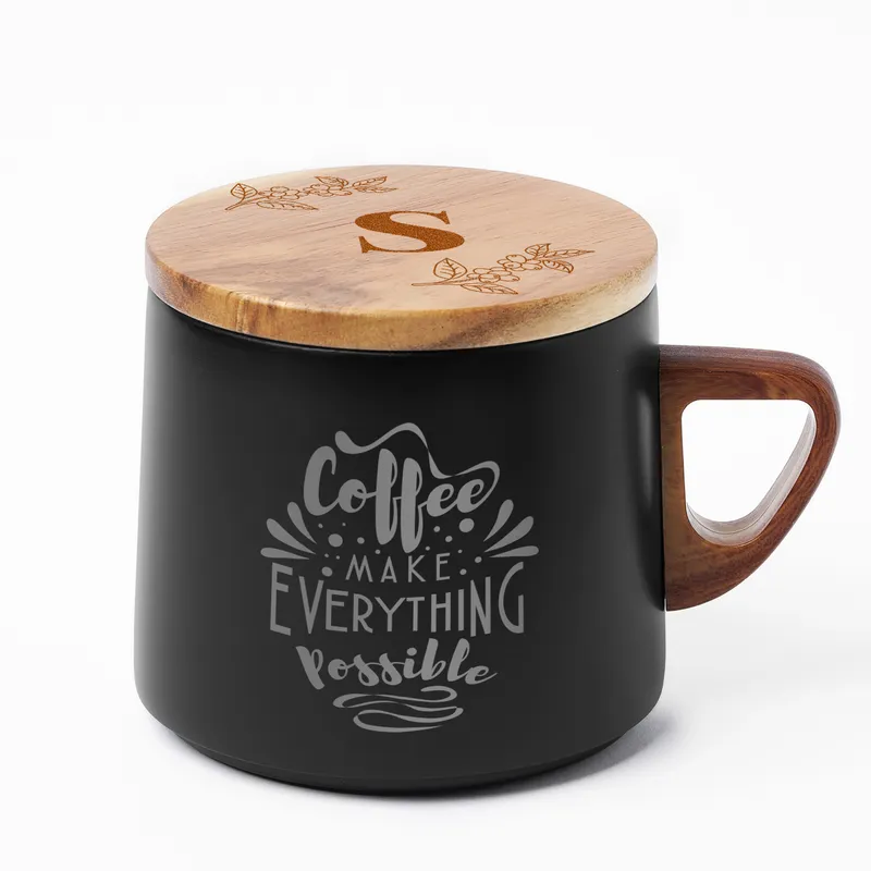 Personalized Coffee Mug with Wooden Lid and Letter Design
