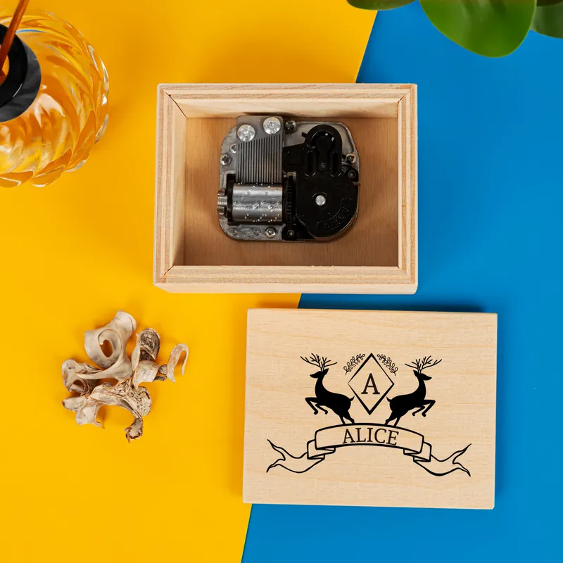 Personalized Deer Design Wind Up Wooden Music Box