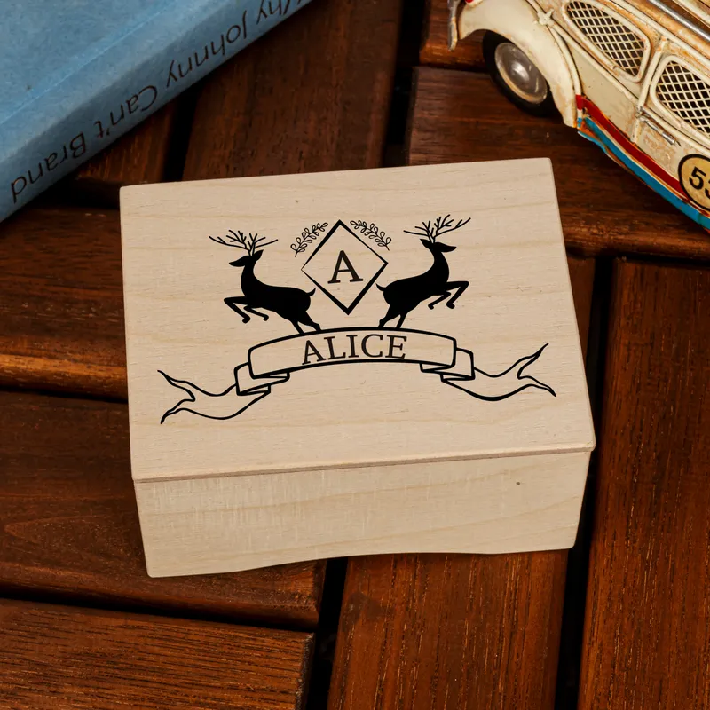 Personalized Deer Design Wind Up Wooden Music Box