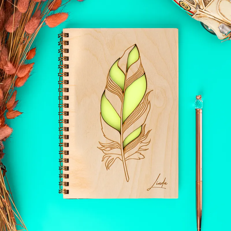 Personalised Feather Pen Wooden Notebook Gift