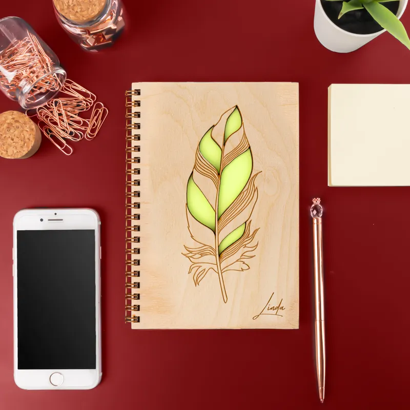 Personalised Feather Pen Wooden Notebook Gift