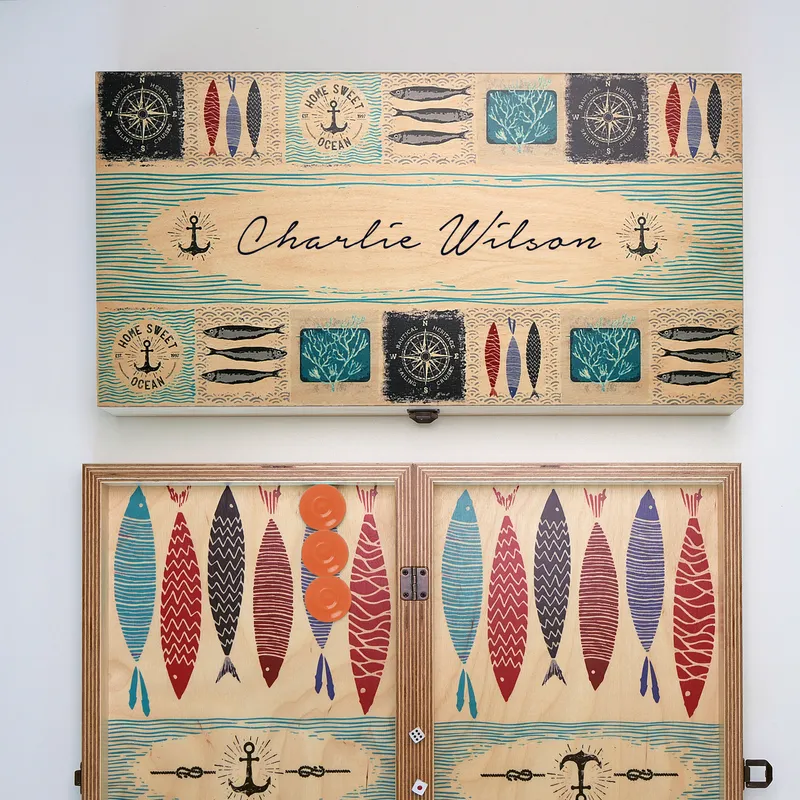 Personalized Fish Design Handmade Backgammon Set