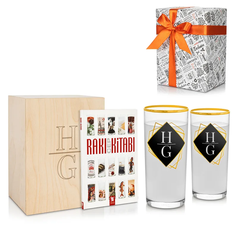 Personalized Gold Rim Wooden Box Rakı Glass Set