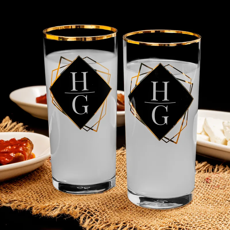 Personalized Gold Rim Wooden Box Rakı Glass Set