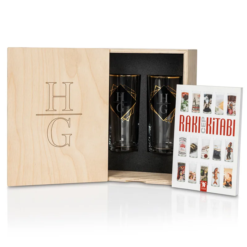 Personalized Gold Rim Wooden Box Rakı Glass Set