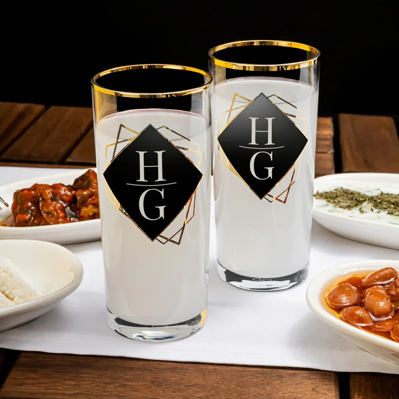 Personalized Gold Rim Wooden Box Rakı Glass Set