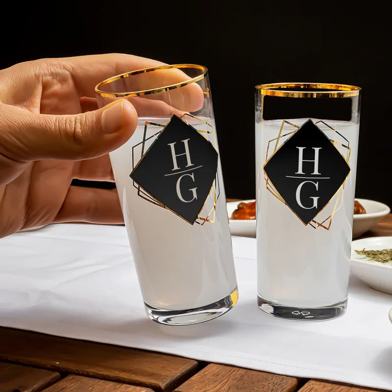 Personalized Gold Rim Wooden Box Rakı Glass Set