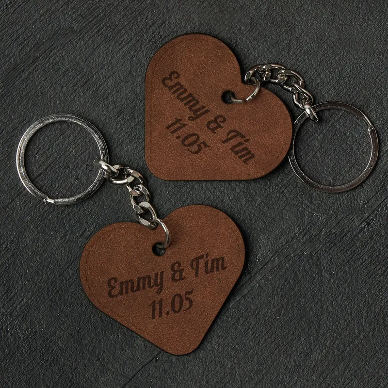 Personalized Heart Leather Keychain Set with Name and Date - Set of 2