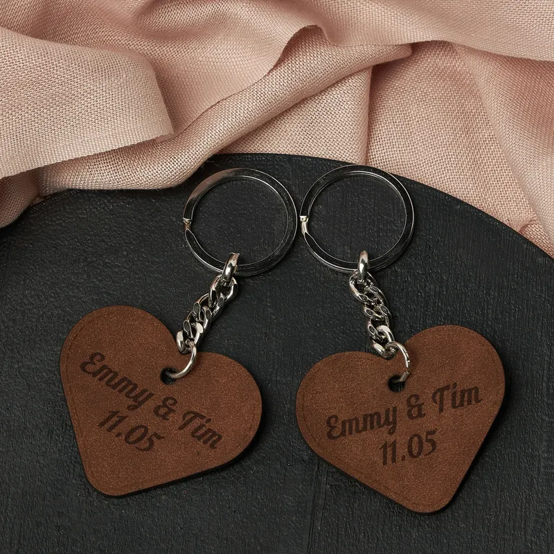 Personalized Heart Leather Keychain Set with Name and Date - Set of 2