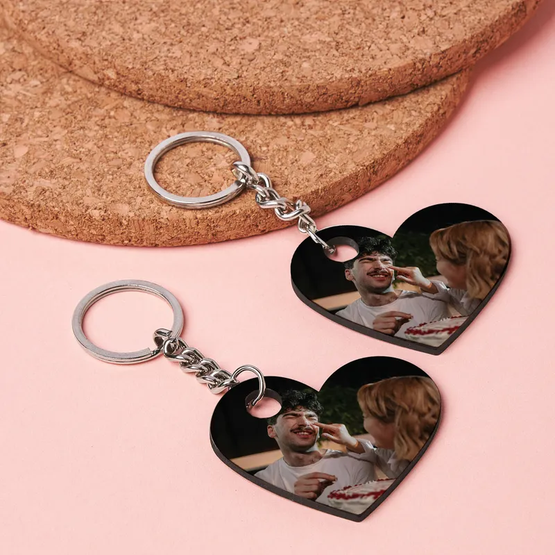 Personalized Heart Photo Keychain Gift Set for Couples