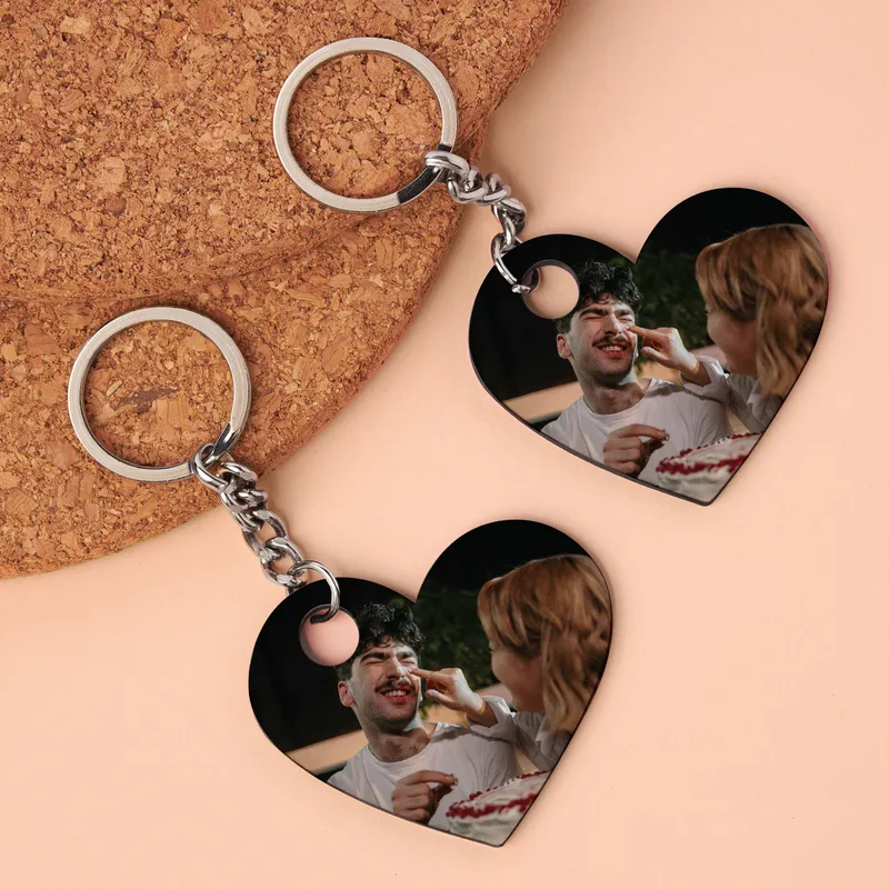 Personalized Heart Photo Keychain Gift Set for Couples