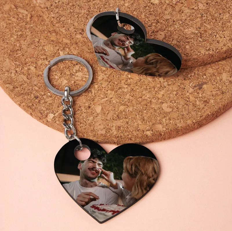 Personalized Heart Photo Keychain Gift Set for Couples