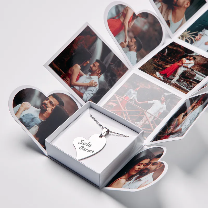 Personalized Heart Shaped Photo Box with Custom Necklace