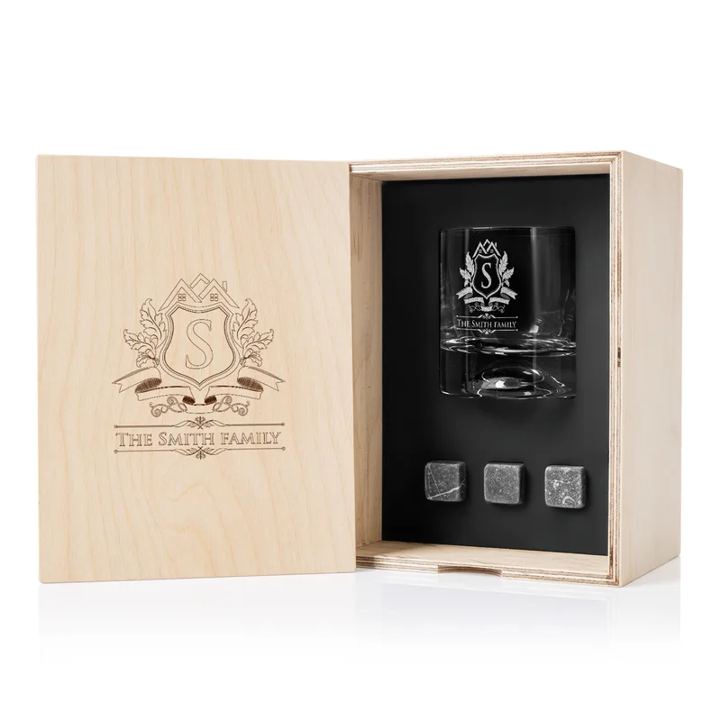 Personalized Home Gifts Whiskey Glass Set in Wooden Box