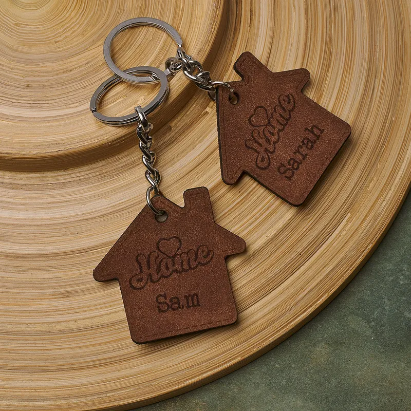 Personalized Home-Shaped Leather Keychains for Couples