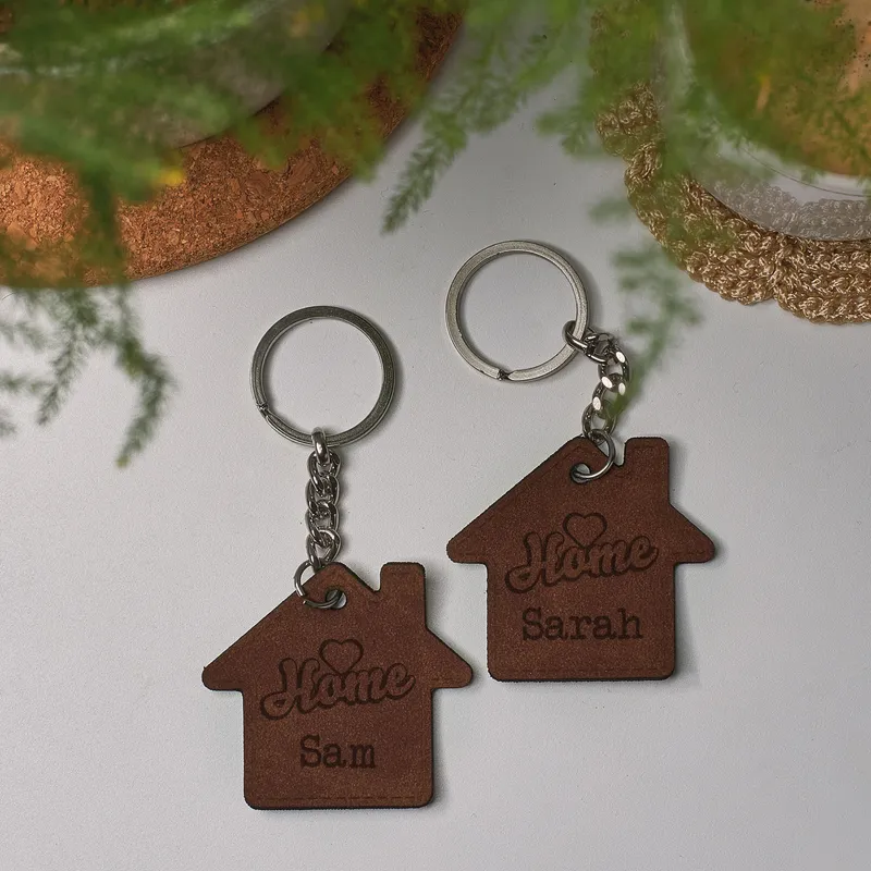 Personalized Home-Shaped Leather Keychains for Couples