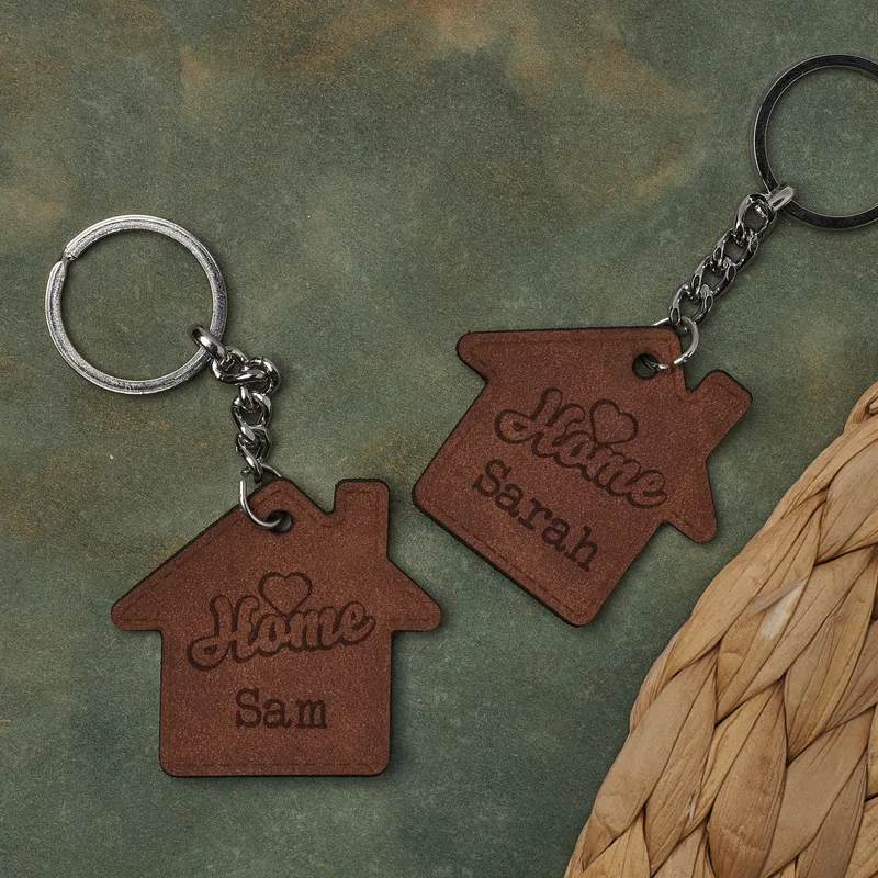 Personalized Home-Shaped Leather Keychains for Couples