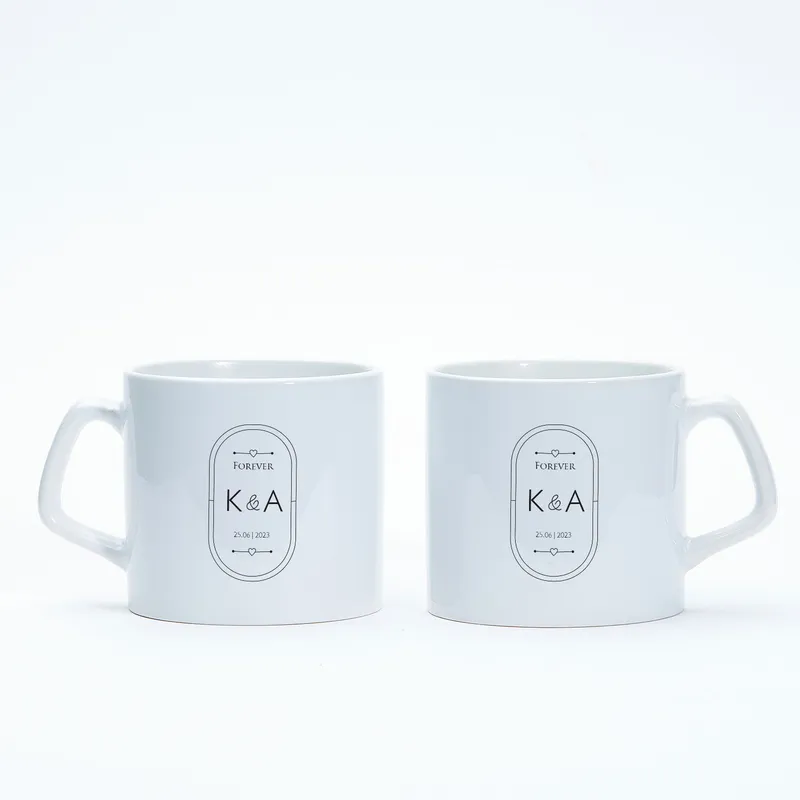 Personalized Initial and Date Printed 2 Piece Coffee Tea Cup Set for Couples