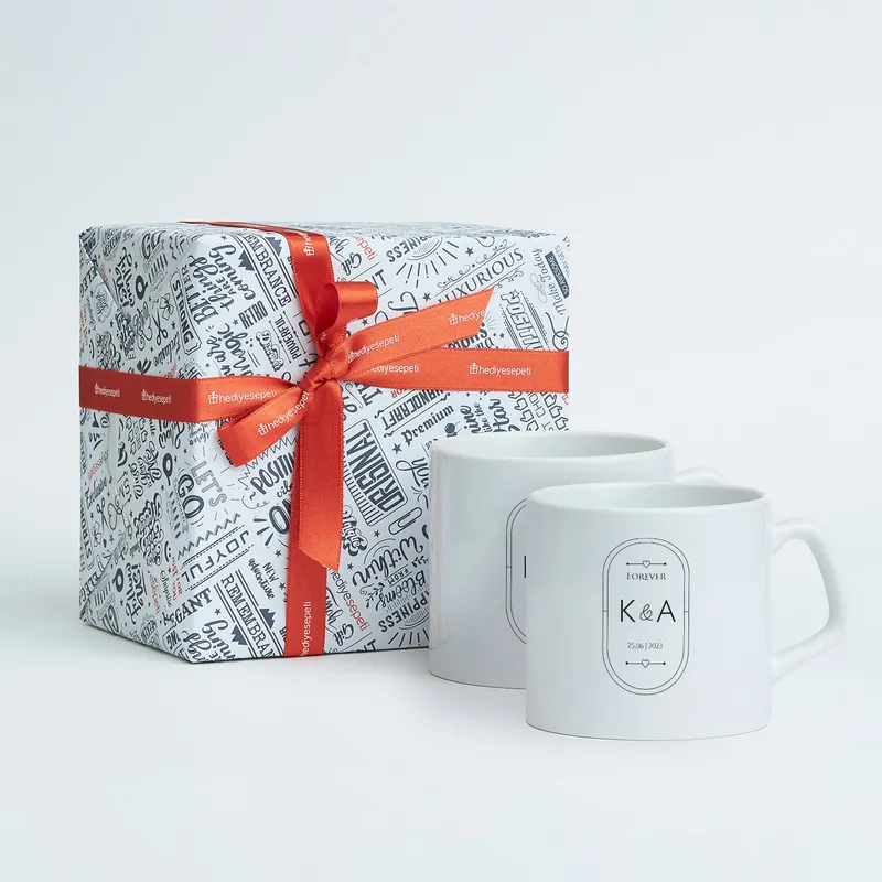 Personalized Initial and Date Printed 2 Piece Coffee Tea Cup Set for Couples