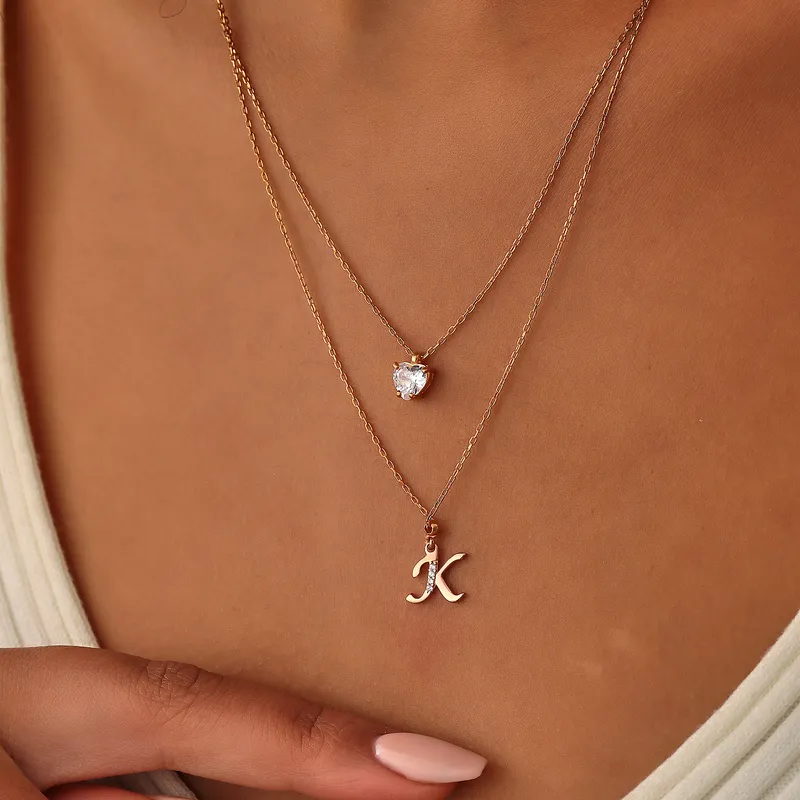 Personalized Initial Heart Stone Double Chain Silver Necklace