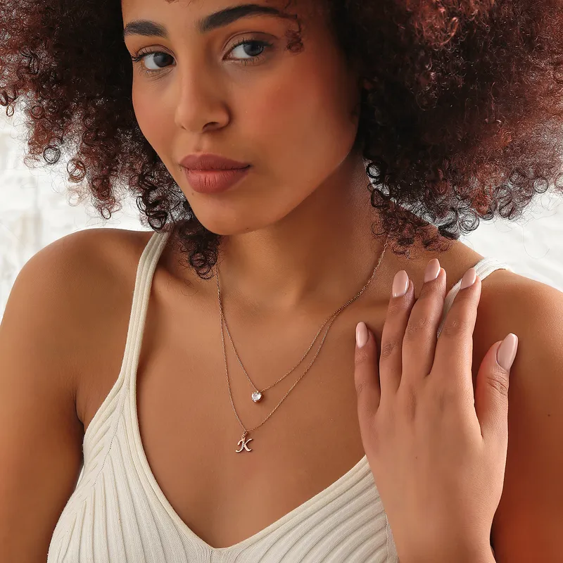 Personalized Initial Heart Stone Double Chain Silver Necklace