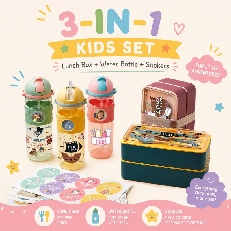Personalized Kids Back to School Set – Lunch Box, Water Bottle & Name Stickers