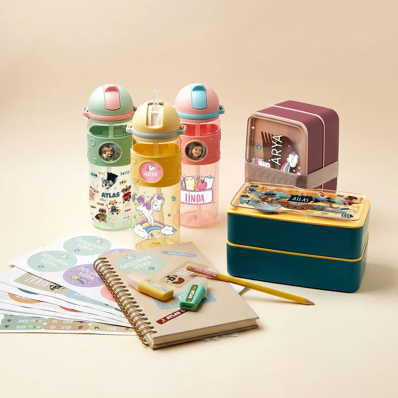 Personalized Kids Back to School Set – Lunch Box, Water Bottle & Name Stickers