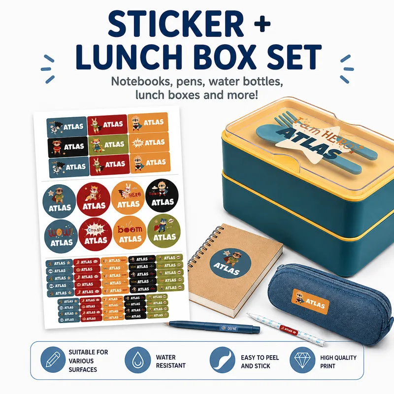Personalized Kids Lunch Box Set – Name Stickers or Iron-On Labels