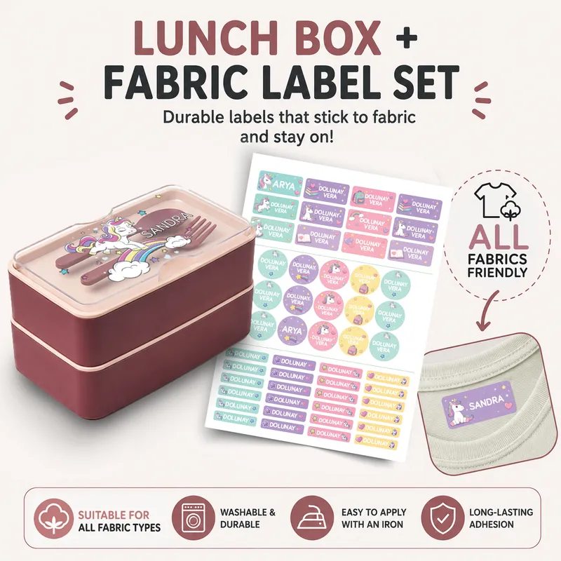 Personalized Kids Lunch Box Set – Name Stickers or Iron-On Labels