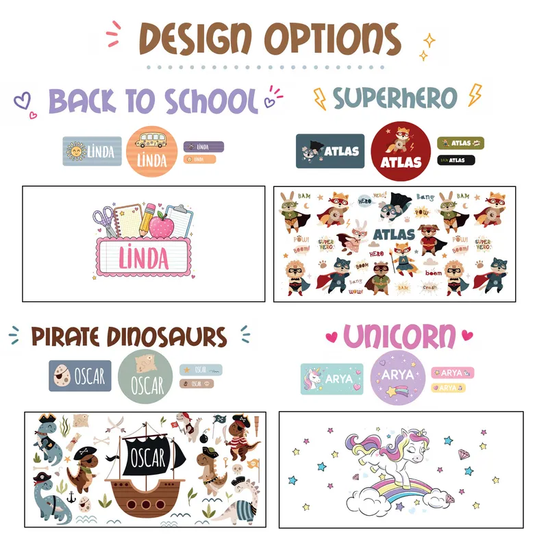 Personalized Kids School Set of 4 – Lunch Box, Water Bottle, Name Stickers & Iron-On Labels