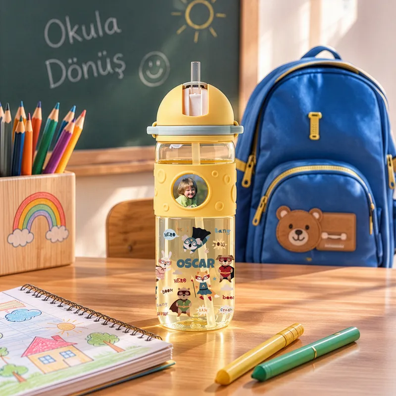 Personalized Kids Water Bottle with Straw and Lanyard
