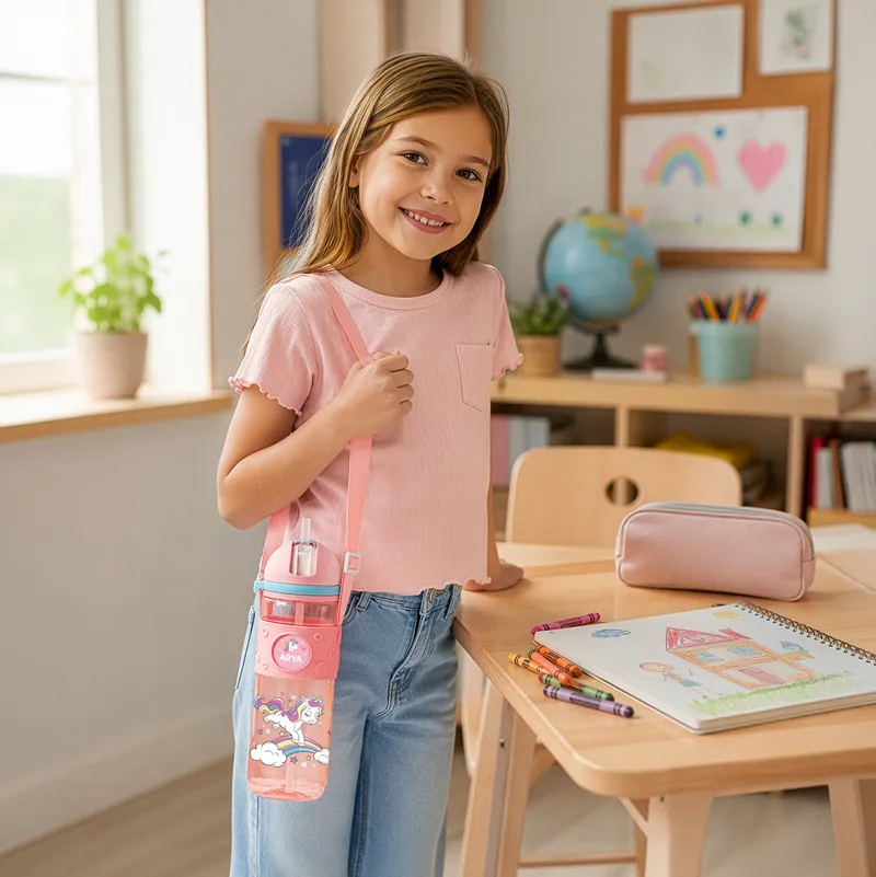 Personalized Kids Water Bottle with Straw and Lanyard