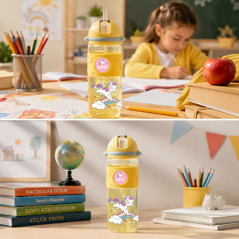 Personalized Kids Water Bottle with Straw and Lanyard