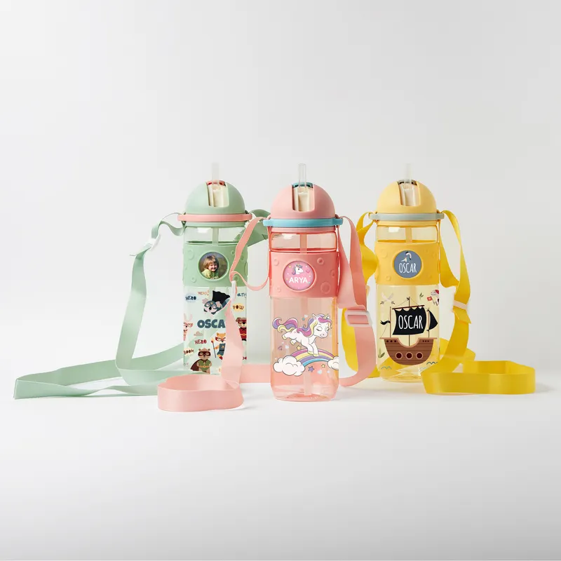 Personalized Kids Water Bottle with Straw and Lanyard