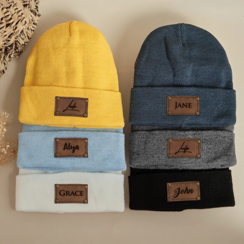 Personalized Knit Beanie with Leather Patch