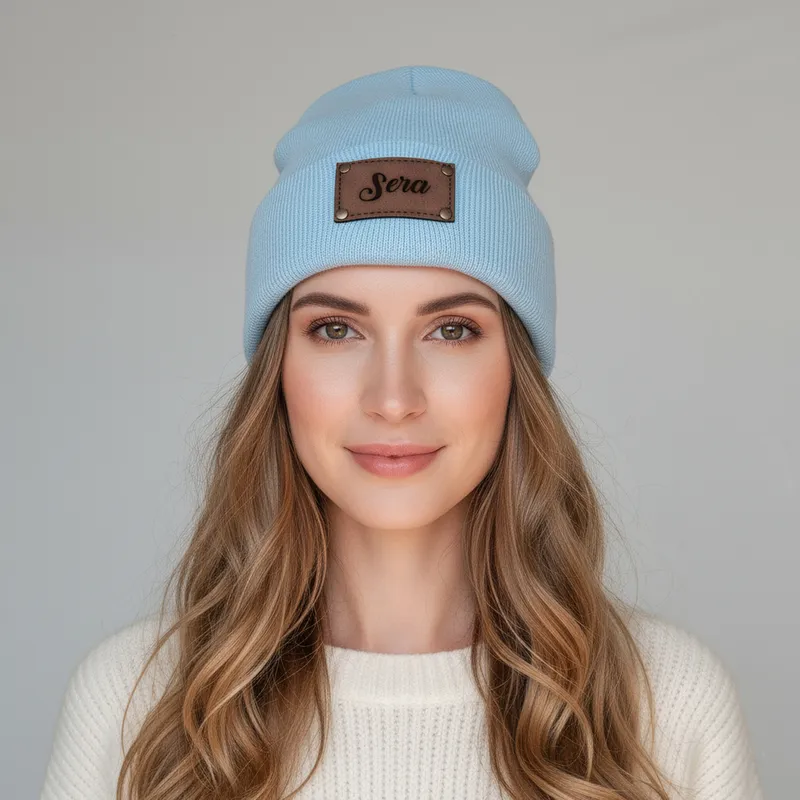 Personalized Knit Beanie with Leather Patch