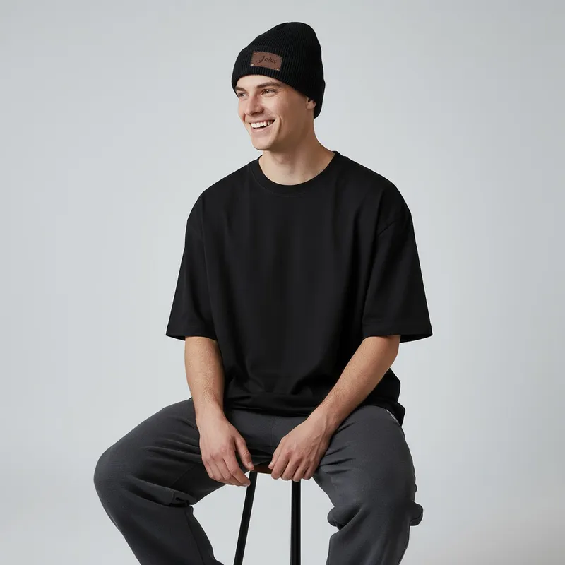 Personalized Knit Beanie with Leather Patch