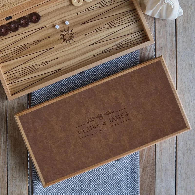 Personalized Leather Backgammon Set with Names and Date for Couples