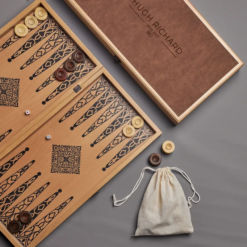 Personalized Leather Beech Backgammon Set with Name and Date