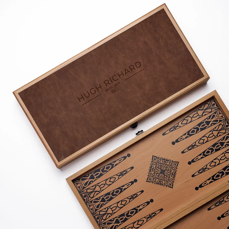 Personalized Leather Beech Backgammon Set with Name and Date