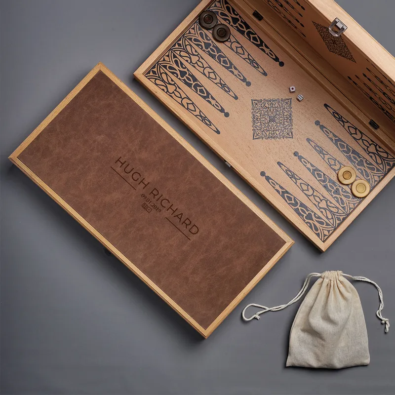 Personalized Leather Beech Backgammon Set with Name and Date