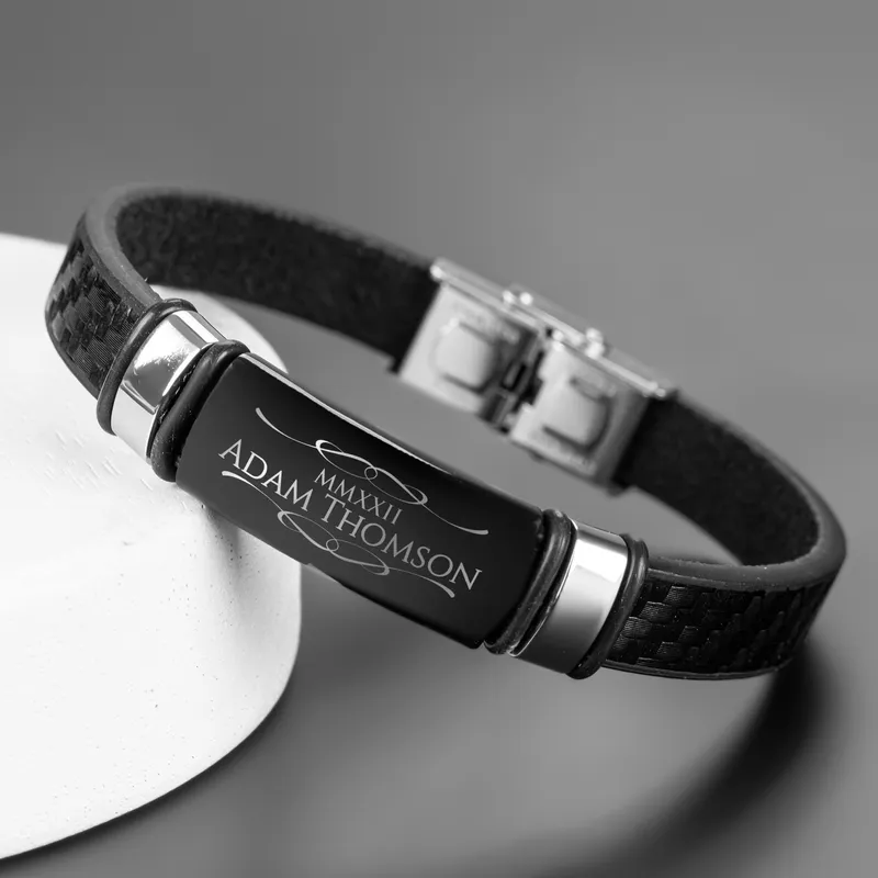 Personalized Leather Bracelet with Roman Numerals