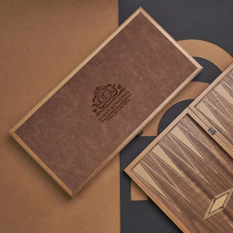 Personalized Leather-Wrapped Walnut Backgammon Set with Lucky Dice Design
