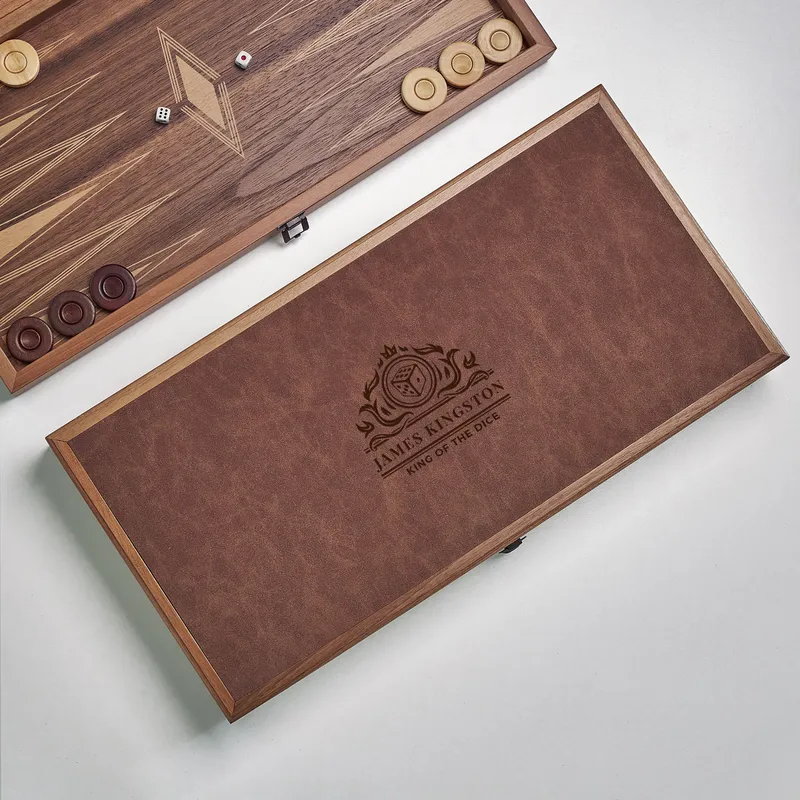 Personalized Leather-Wrapped Walnut Backgammon Set with Lucky Dice Design