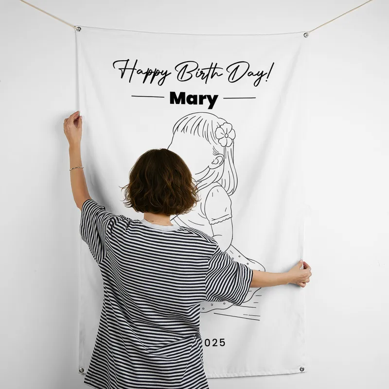 Personalised Line Art Birthday Banner with Photo - 95 x 145 cm