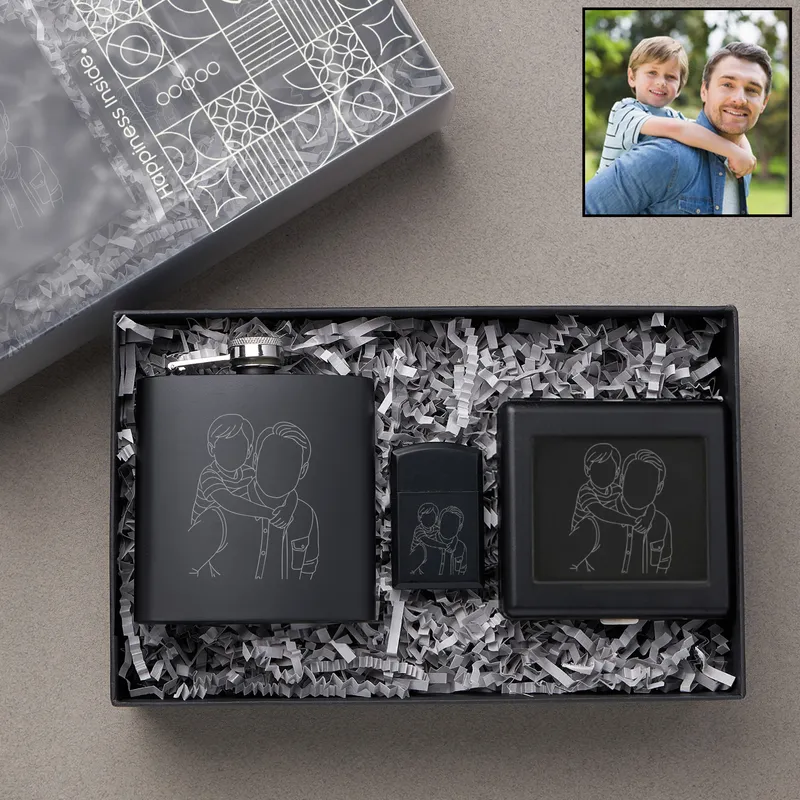 Personalised Line Art Flask Gift Set for Dad