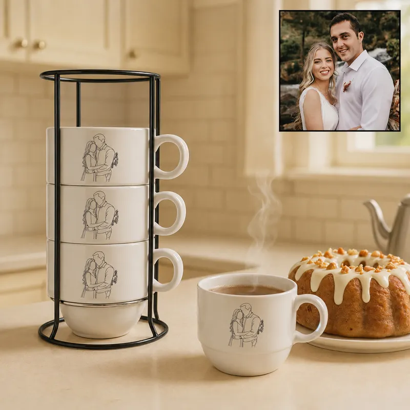 Personalised Line Art Mug Set with Stand for Couples Set of 4