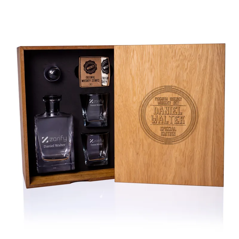 Personalized Logo Engraved Wooden Box Orkney Whiskey Set