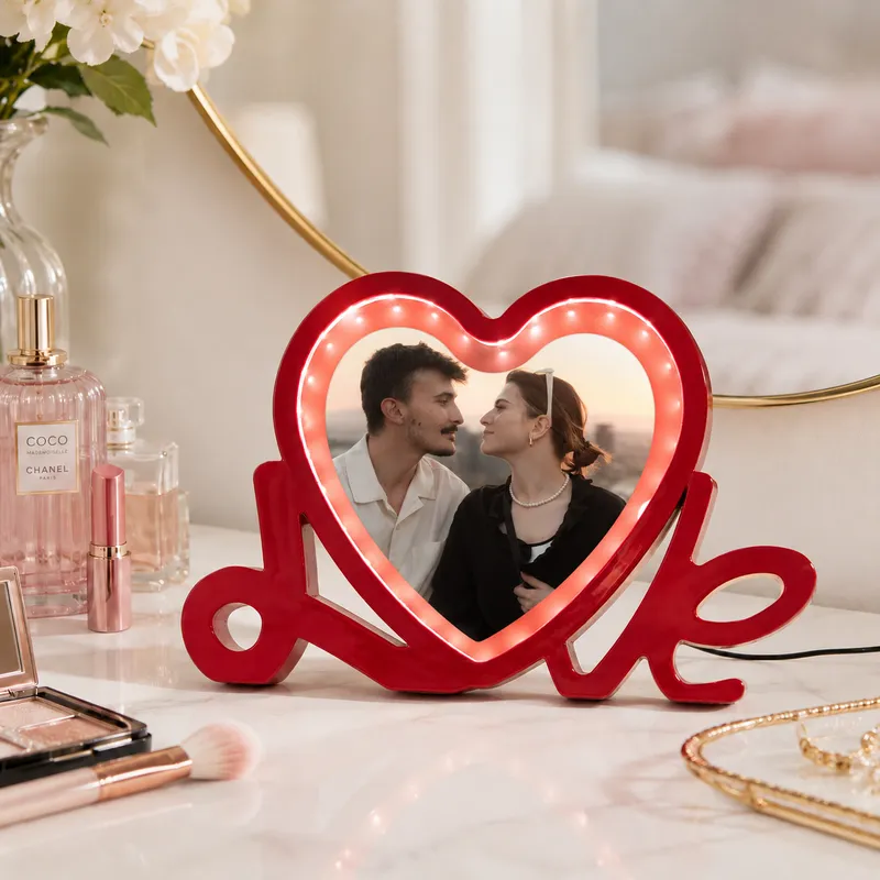Personalized Love Heart LED Magic Mirror Photo Frame