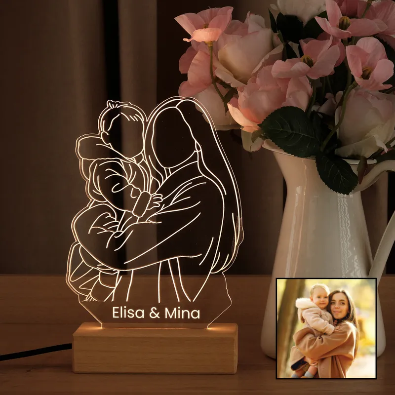 Personalized Mom and Baby Line Art LED Lamp